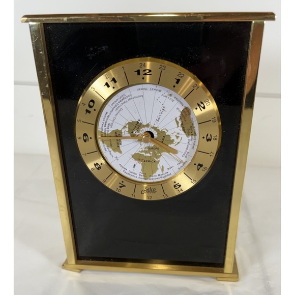 Selco Other - Selco Geneve 7" Gold Rectangle Desk/Mantle World Map Clock Vintage TESTED‎